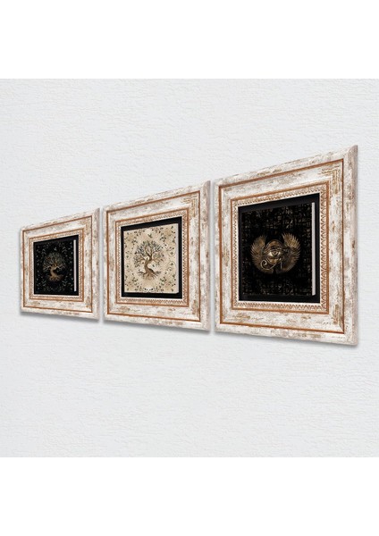 Horus'un Gözü, Hayat Ağacı Taş Duvar Tablosu Çerçeveli Duvar Dekoru 3 Parça Tablo Seti Wall Art T3-163