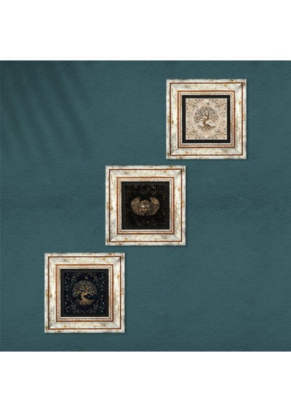 Horus'un Gözü, Hayat Ağacı Taş Duvar Tablosu Çerçeveli Duvar Dekoru 3 Parça Tablo Seti Wall Art T3-163