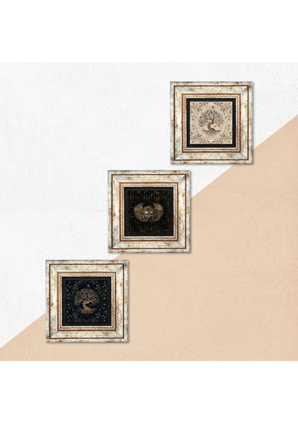Horus'un Gözü, Hayat Ağacı Taş Duvar Tablosu Çerçeveli Duvar Dekoru 3 Parça Tablo Seti Wall Art T3-163