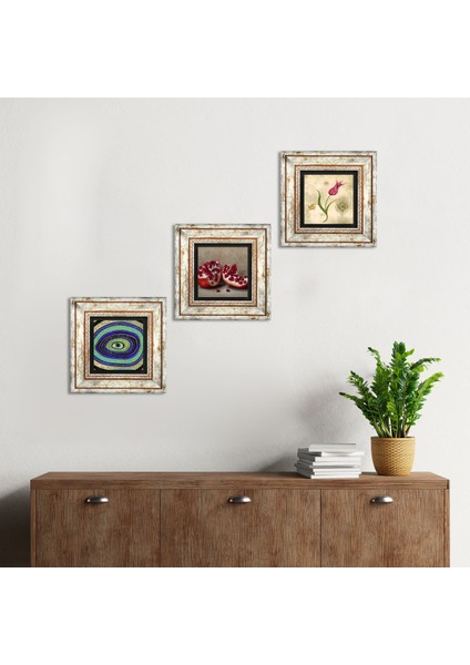 Nazar, Lale Ebru Sanatı, Nar Taş Duvar Tablosu Çerçeveli Duvar Dekoru 3 Parça Tablo Seti Wall Art T3-1632