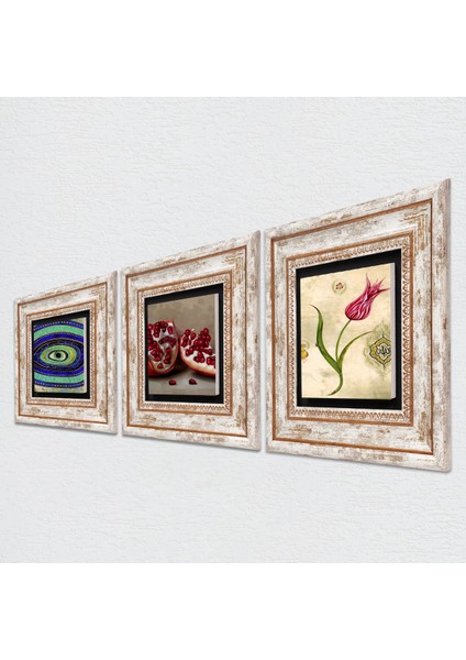 Nazar, Lale Ebru Sanatı, Nar Taş Duvar Tablosu Çerçeveli Duvar Dekoru 3 Parça Tablo Seti Wall Art T3-1632