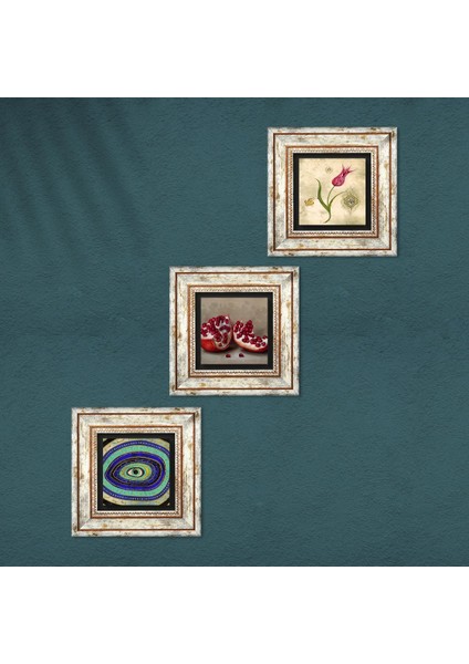 Nazar, Lale Ebru Sanatı, Nar Taş Duvar Tablosu Çerçeveli Duvar Dekoru 3 Parça Tablo Seti Wall Art T3-1632