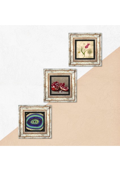Nazar, Lale Ebru Sanatı, Nar Taş Duvar Tablosu Çerçeveli Duvar Dekoru 3 Parça Tablo Seti Wall Art T3-1632