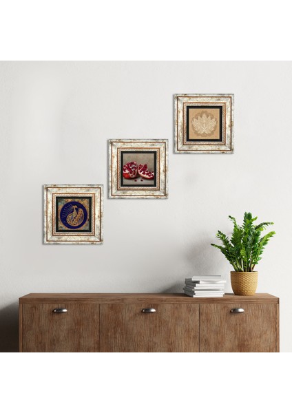 Tavus Kuşu, Lotus Çiçeği, Nar Taş Duvar Tablosu Çerçeveli Duvar Dekoru 3 Parça Tablo Seti Wall Art T3-1642