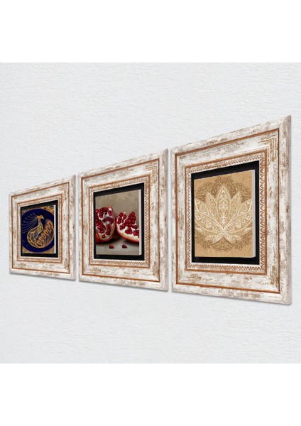Tavus Kuşu, Lotus Çiçeği, Nar Taş Duvar Tablosu Çerçeveli Duvar Dekoru 3 Parça Tablo Seti Wall Art T3-1642 fiyatları