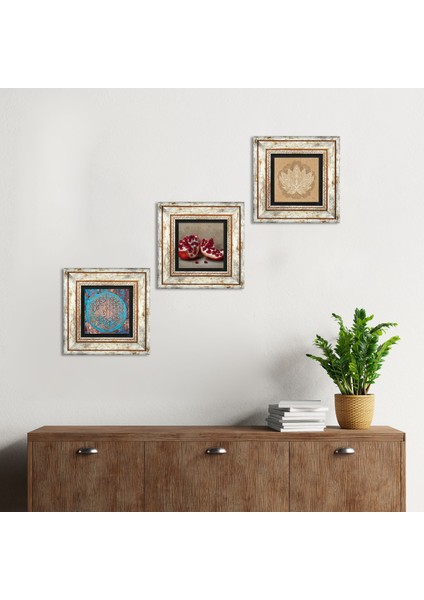 Yaşam Çiçeği, Lotus Çiçeği, Nar Çerçeveli Taş Duvar Tablosu 3’lü Set - Dekoratif Modern Sanat, Ev ve Ofis Dekoru |TK3-1644|
