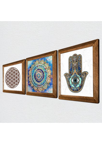 Mandala, Yaşam Çiçeği, Fatma Ana Eli (Hamsa) Taş Duvar Tablosu Ahşap Çerçeveli Duvar Dekoru 3 Parça Tablo Seti Wall Art W3-118 fiyatları