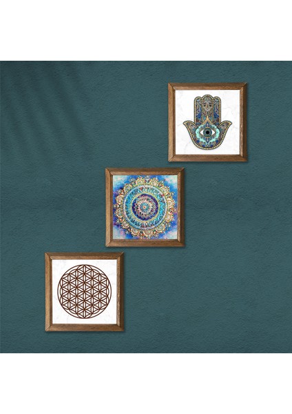 Mandala, Yaşam Çiçeği, Fatma Ana Eli (Hamsa) Taş Duvar Tablosu Ahşap Çerçeveli Duvar Dekoru 3 Parça Tablo Seti Wall Art W3-118 modelleri
