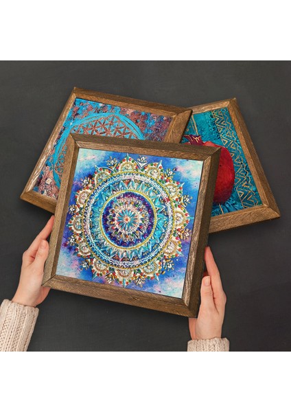 Mandala, Yaşam Çiçeği, Fatma Ana Eli (Hamsa) Taş Duvar Tablosu Ahşap Çerçeveli Duvar Dekoru 3 Parça Tablo Seti Wall Art W3-118 fırsatları
