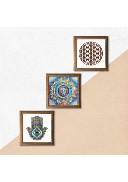 Mandala, Yaşam Çiçeği, Fatma Ana Eli (Hamsa) Taş Duvar Tablosu Ahşap Çerçeveli Duvar Dekoru 3 Parça Tablo Seti Wall Art W3-118 indirimleri