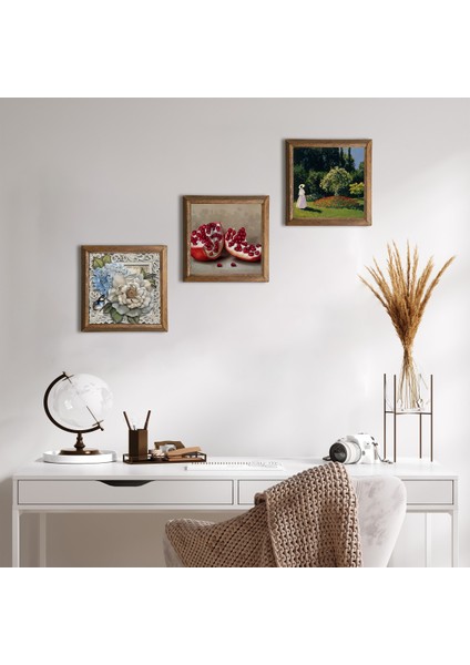 Claude Monet Bahçedeki Kadın, Kelebekli Çiçek, Nar Taş Duvar Tablosu Ahşap Çerçeveli Duvar Dekoru 3 Parça Tablo Seti Wall Art W3-1187
