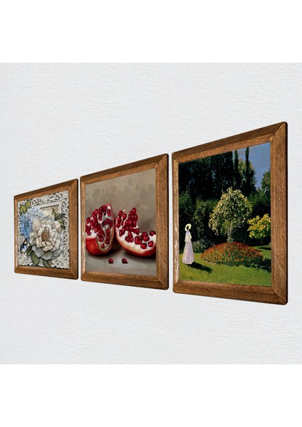 Claude Monet Bahçedeki Kadın, Kelebekli Çiçek, Nar Taş Duvar Tablosu Ahşap Çerçeveli Duvar Dekoru 3 Parça Tablo Seti Wall Art W3-1187 fiyatları
