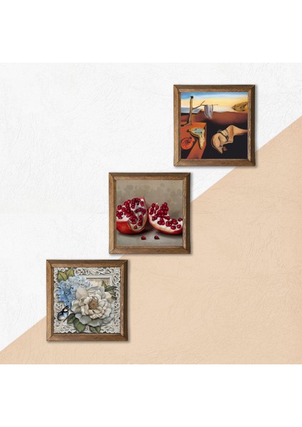 Stone Salvador Dalí Belleğin Azmi, Kelebekli Çiçek, Nar Ahşap Çerçeveli Taş Duvar Tablosu 3’lü Set – 25x25 cm Dekoratif Modern Sanat – Ev ve Ofis Dekoru |W3-1202| indirimleri