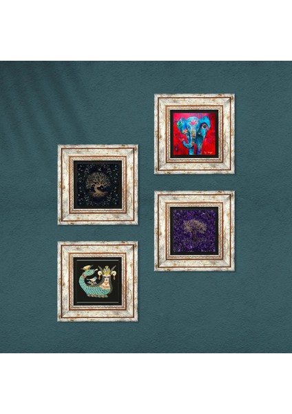 Stone Fil, Hayat Ağacı, Şahmeran Çerçeveli Taş Duvar Tablosu 4’lü Set - Dekoratif Modern Sanat, Ev ve Ofis Dekoru |TK4-1299| fırsatları