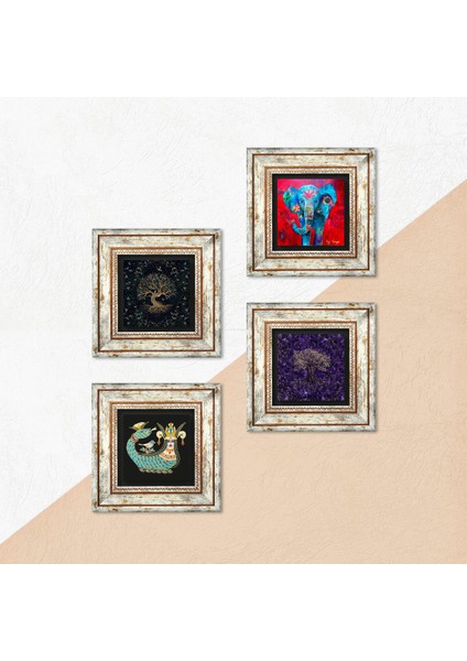 Stone Fil, Hayat Ağacı, Şahmeran Çerçeveli Taş Duvar Tablosu 4’lü Set - Dekoratif Modern Sanat, Ev ve Ofis Dekoru |TK4-1299| indirimleri