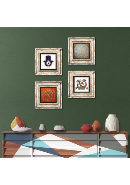 Fatma Ana Eli (Hamsa), Sri Yantra, Şahmeran Taş Duvar Tablosu Çerçeveli Duvar Dekoru 4 Parça Tablo Seti Wall Art T4-1409
