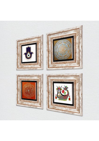 Fatma Ana Eli (Hamsa), Sri Yantra, Şahmeran Taş Duvar Tablosu Çerçeveli Duvar Dekoru 4 Parça Tablo Seti Wall Art T4-1409 fiyatları