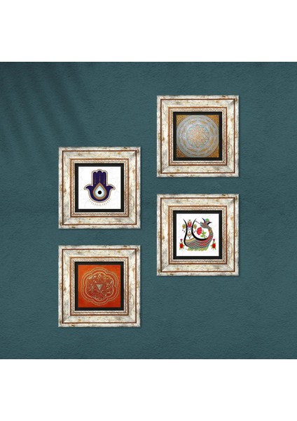 Fatma Ana Eli (Hamsa), Sri Yantra, Şahmeran Taş Duvar Tablosu Çerçeveli Duvar Dekoru 4 Parça Tablo Seti Wall Art T4-1409 fırsatları