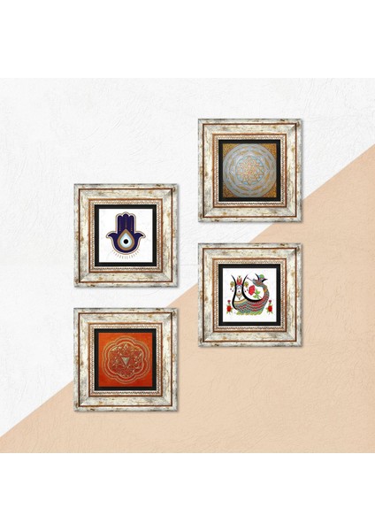 Fatma Ana Eli (Hamsa), Sri Yantra, Şahmeran Taş Duvar Tablosu Çerçeveli Duvar Dekoru 4 Parça Tablo Seti Wall Art T4-1409 indirimleri