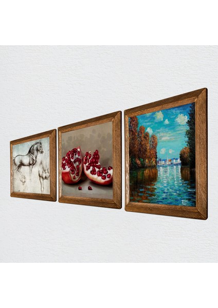 Claude Monet Sonbahar, Leonardo da Vinci At Heykeli, Nar Taş Duvar Tablosu Ahşap Çerçeveli Duvar Dekoru 3 Parça Tablo Seti Wall Art W3-1337