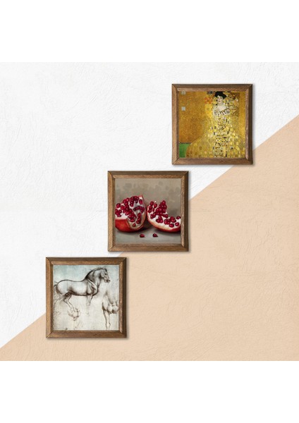 Gustav Klimt, Leonardo da Vinci, Nar Taş Duvar Tablosu Ahşap Çerçeveli Duvar Dekoru 3 Parça Tablo Seti Wall Art W3-1338 indirimleri