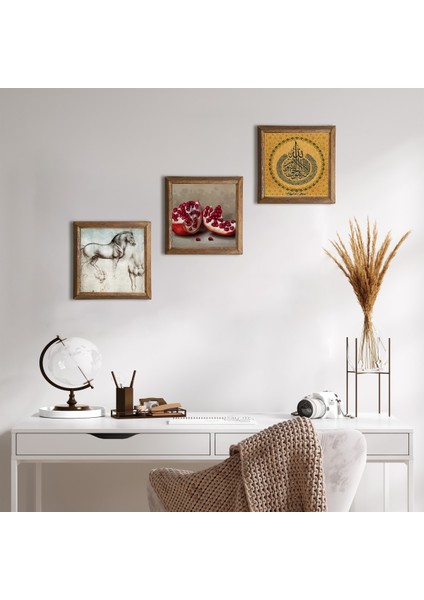 Ayet-el Kürsi, Nar, At Taş Duvar Tablosu Ahşap Çerçeveli Duvar Dekoru 3 Parça Tablo Seti Wall Art W3-1351