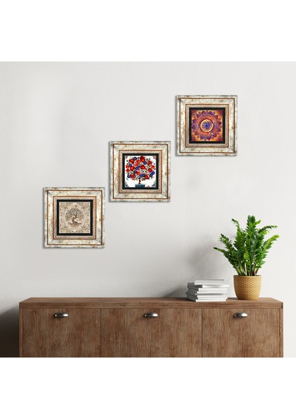 Mandala, Hayat Ağacı, Nar Ağacı Taş Duvar Tablosu Çerçeveli Duvar Dekoru 3 Parça Tablo Seti Wall Art T3-382