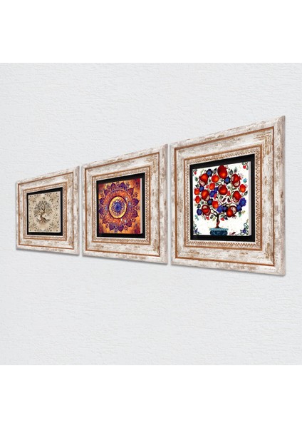 Mandala, Hayat Ağacı, Nar Ağacı Taş Duvar Tablosu Çerçeveli Duvar Dekoru 3 Parça Tablo Seti Wall Art T3-382