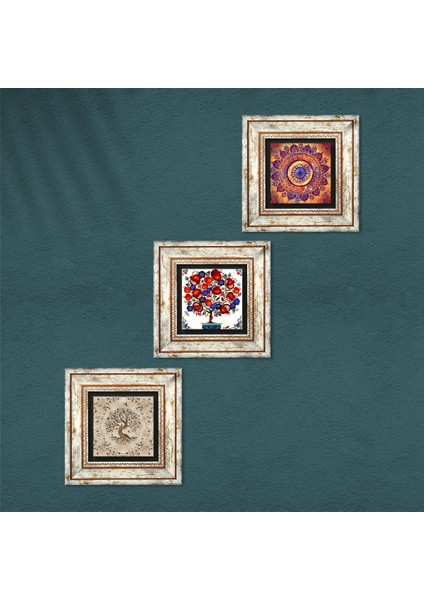 Mandala, Hayat Ağacı, Nar Ağacı Taş Duvar Tablosu Çerçeveli Duvar Dekoru 3 Parça Tablo Seti Wall Art T3-382