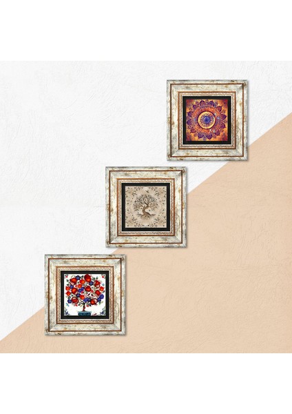 Mandala, Hayat Ağacı, Nar Ağacı Taş Duvar Tablosu Çerçeveli Duvar Dekoru 3 Parça Tablo Seti Wall Art T3-382