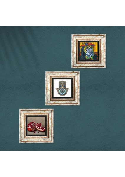 Picasso Ağlayan Kadın, Nar, Fatma Ana Eli (Hamsa) Taş Duvar Tablosu Çerçeveli Duvar Dekoru 3 Parça Tablo Seti Wall Art T3-779 fırsatları