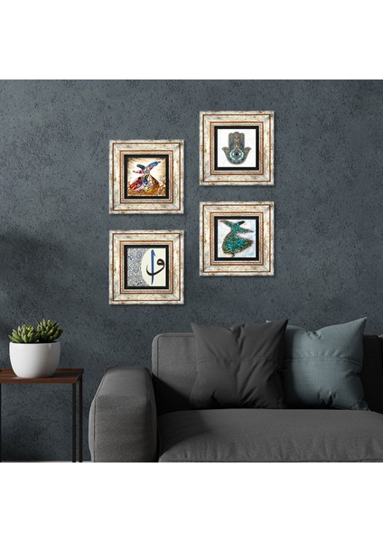 Elif-Vav, Semazen, Fatma Ana Eli (Hamsa) Taş Duvar Tablosu Çerçeveli Duvar Dekoru 4 Parça Tablo Seti Wall Art T4-91