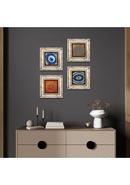 Yaşam Çiçeği, Nazar, Sri Yantra Taş Duvar Tablosu Çerçeveli Duvar Dekoru 4 Parça Tablo Seti Wall Art T4-1261