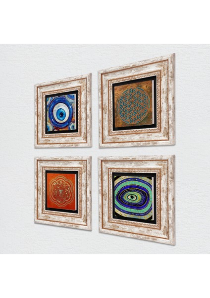 Yaşam Çiçeği, Nazar, Sri Yantra Taş Duvar Tablosu Çerçeveli Duvar Dekoru 4 Parça Tablo Seti Wall Art T4-1261 fiyatları