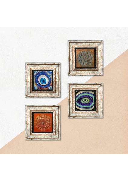 Yaşam Çiçeği, Nazar, Sri Yantra Taş Duvar Tablosu Çerçeveli Duvar Dekoru 4 Parça Tablo Seti Wall Art T4-1261 indirimleri