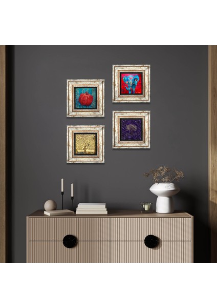 Hayat Ağacı, Fil, Nar Taş Duvar Tablosu Çerçeveli Duvar Dekoru 4 Parça Tablo Seti Wall Art T4-1266