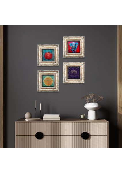 Hayat Ağacı, Fil, Lotus Çiçeği, Nar Taş Duvar Tablosu Çerçeveli Duvar Dekoru 4 Parça Tablo Seti Wall Art T4-1279