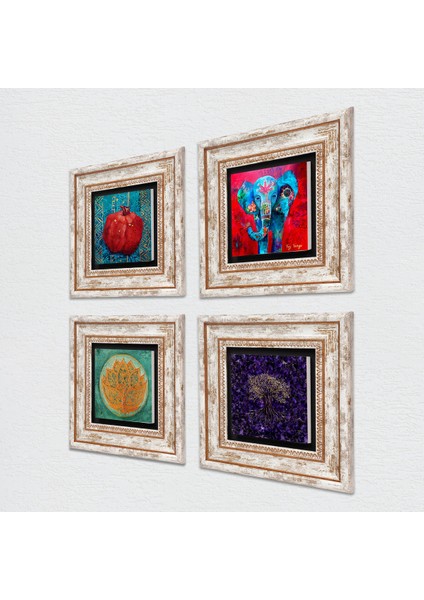 Hayat Ağacı, Fil, Lotus Çiçeği, Nar Taş Duvar Tablosu Çerçeveli Duvar Dekoru 4 Parça Tablo Seti Wall Art T4-1279 fiyatları