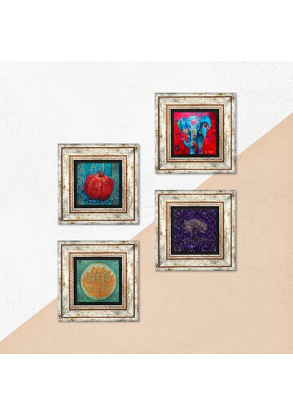 Hayat Ağacı, Fil, Lotus Çiçeği, Nar Taş Duvar Tablosu Çerçeveli Duvar Dekoru 4 Parça Tablo Seti Wall Art T4-1279 indirimleri