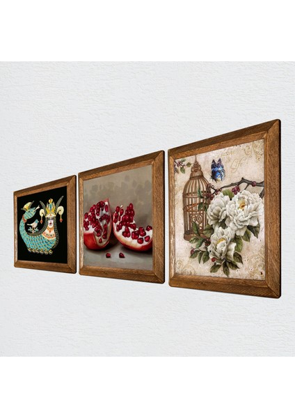 Kelebekli Çiçek, Şahmeran, Nar Taş Duvar Tablosu Ahşap Çerçeveli Duvar Dekoru 3 Parça Tablo Seti Wall Art W3-955
