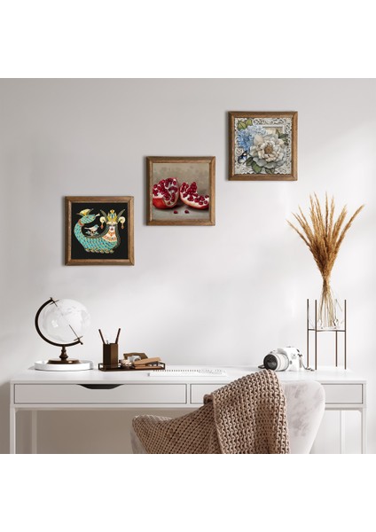 Kelebekli Çiçek, Şahmeran, Nar Taş Duvar Tablosu Ahşap Çerçeveli Duvar Dekoru 3 Parça Tablo Seti Wall Art W3-956