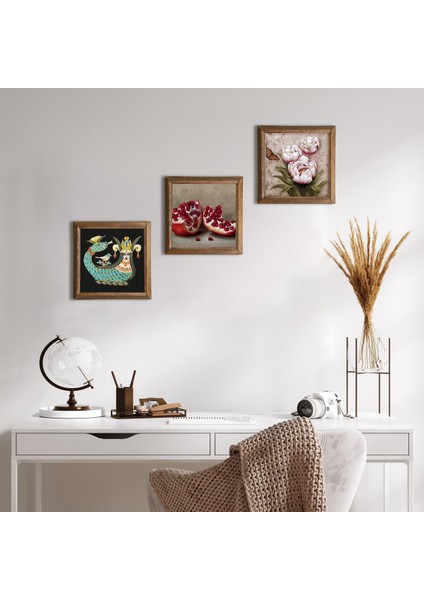 Kelebekli Çiçek, Şahmeran, Nar Taş Duvar Tablosu Ahşap Çerçeveli Duvar Dekoru 3 Parça Tablo Seti Wall Art W3-957
