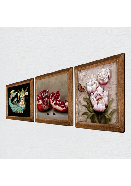 Kelebekli Çiçek, Şahmeran, Nar Taş Duvar Tablosu Ahşap Çerçeveli Duvar Dekoru 3 Parça Tablo Seti Wall Art W3-957