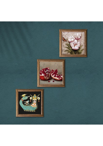Kelebekli Çiçek, Şahmeran, Nar Taş Duvar Tablosu Ahşap Çerçeveli Duvar Dekoru 3 Parça Tablo Seti Wall Art W3-957
