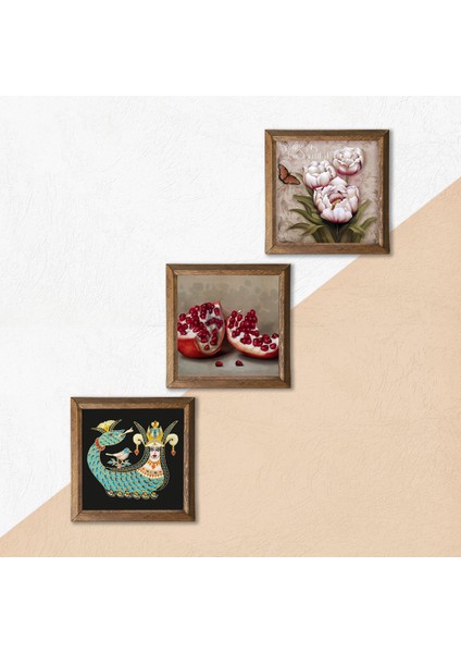 Kelebekli Çiçek, Şahmeran, Nar Taş Duvar Tablosu Ahşap Çerçeveli Duvar Dekoru 3 Parça Tablo Seti Wall Art W3-957