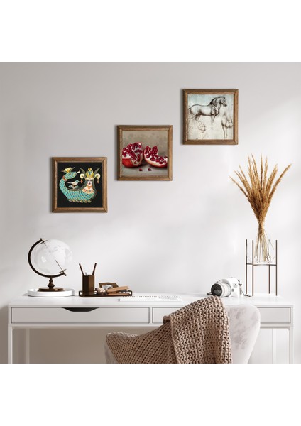 Leonardo da Vinci At Heykeli, Şahmeran, Nar Taş Duvar Tablosu Ahşap Çerçeveli Duvar Dekoru 3 Parça Tablo Seti Wall Art W3-958