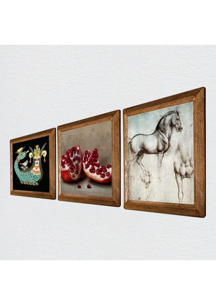 Leonardo da Vinci At Heykeli, Şahmeran, Nar Taş Duvar Tablosu Ahşap Çerçeveli Duvar Dekoru 3 Parça Tablo Seti Wall Art W3-958