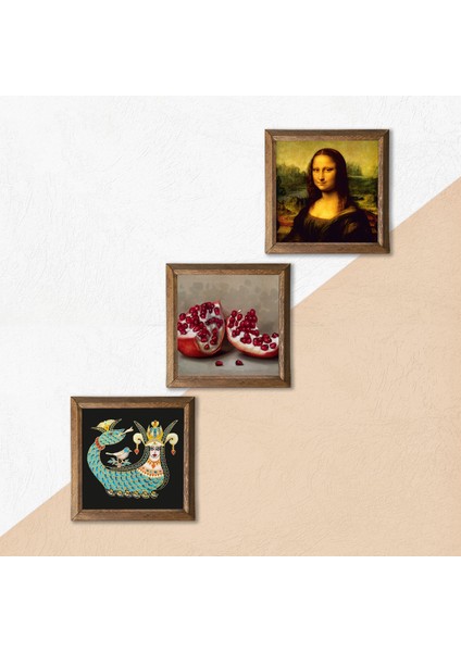 Leonardo da Vinci Mona Lisa, Şahmeran, Nar Taş Duvar Tablosu Ahşap Çerçeveli Duvar Dekoru 3 Parça Tablo Seti Wall Art W3-960 indirimleri