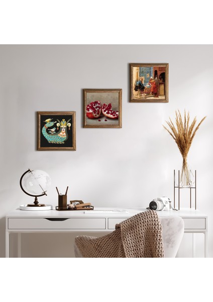 Satranç Oyunu, Şahmeran, Nar Taş Duvar Tablosu Ahşap Çerçeveli Duvar Dekoru 3 Parça Tablo Seti Wall Art W3-963