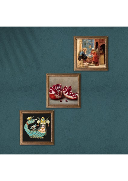 Satranç Oyunu, Şahmeran, Nar Taş Duvar Tablosu Ahşap Çerçeveli Duvar Dekoru 3 Parça Tablo Seti Wall Art W3-963